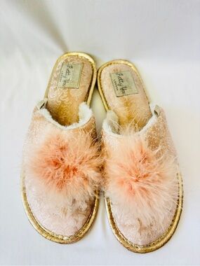 Pretty You London Pink Brocade Feather Pom Slip-On Slippers with Gold Trim